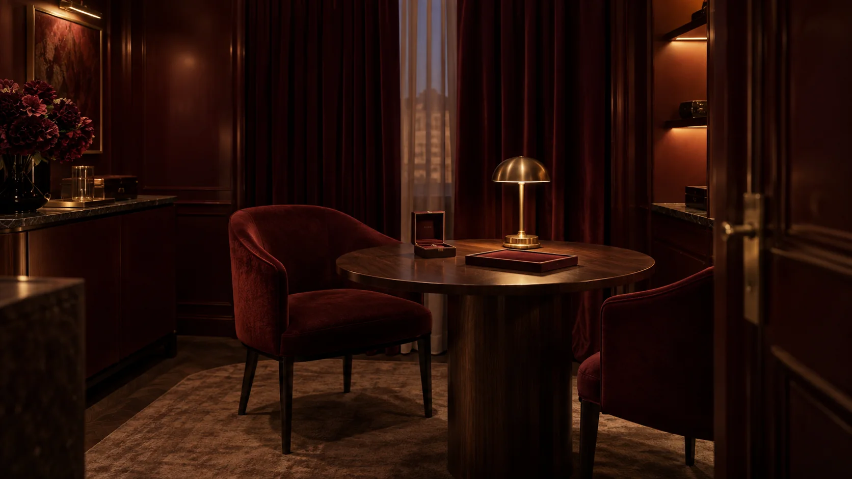 A private consultation room with burgundy velvet chairs and a lamp-lit table