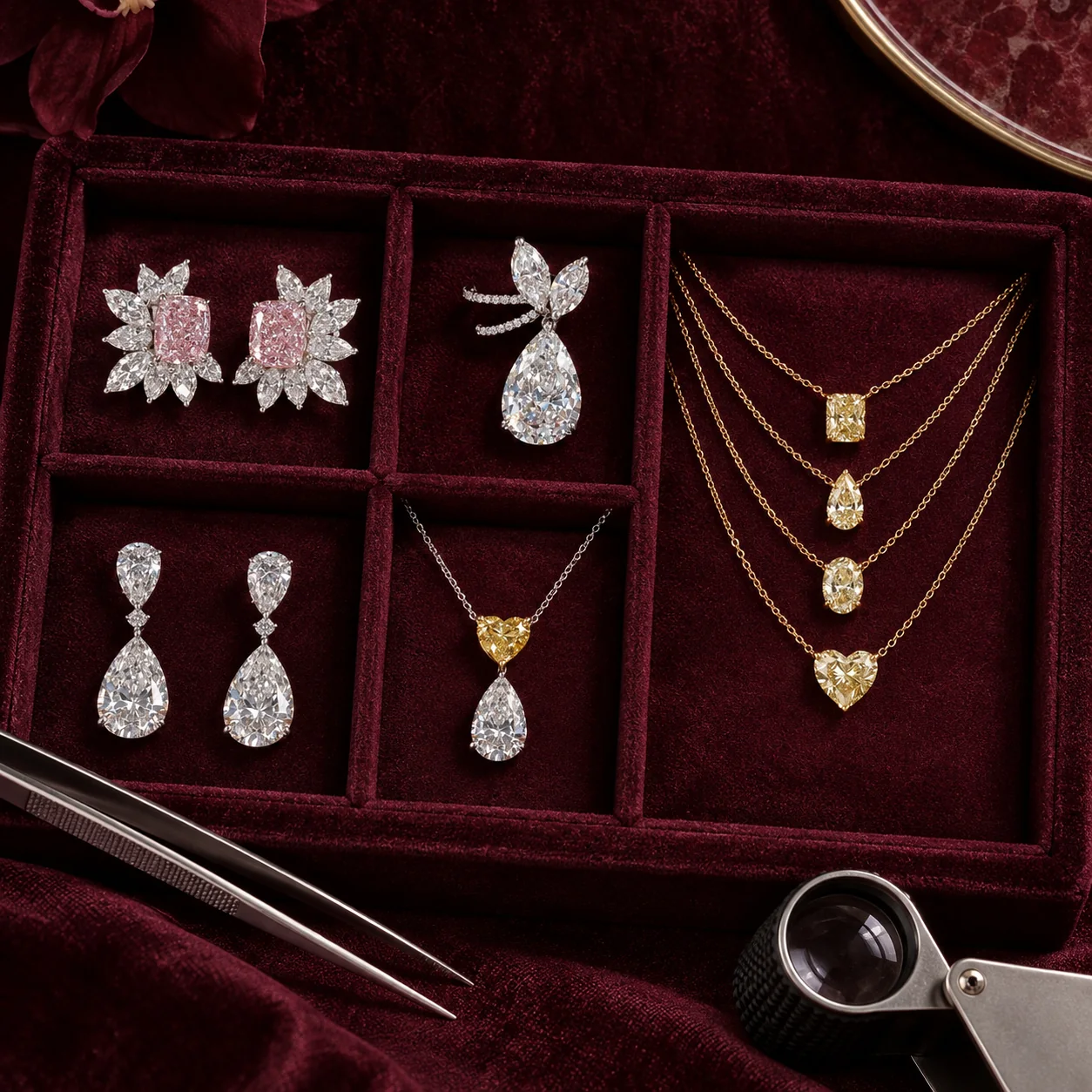 Aurya pieces in a burgundy velvet tray: pink and white diamond cluster earrings, pear-drop earrings, a heart and pear pendant and four yellow diamond solitaire pendants