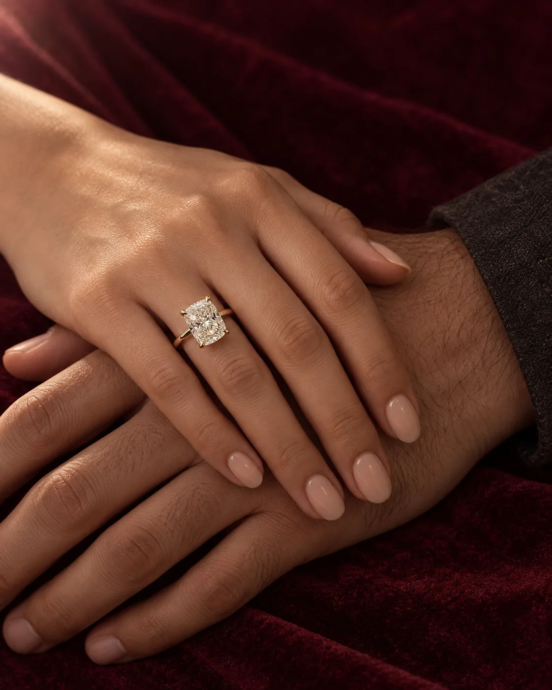 A cushion-cut diamond solitaire on a woman’s hand resting on a man’s