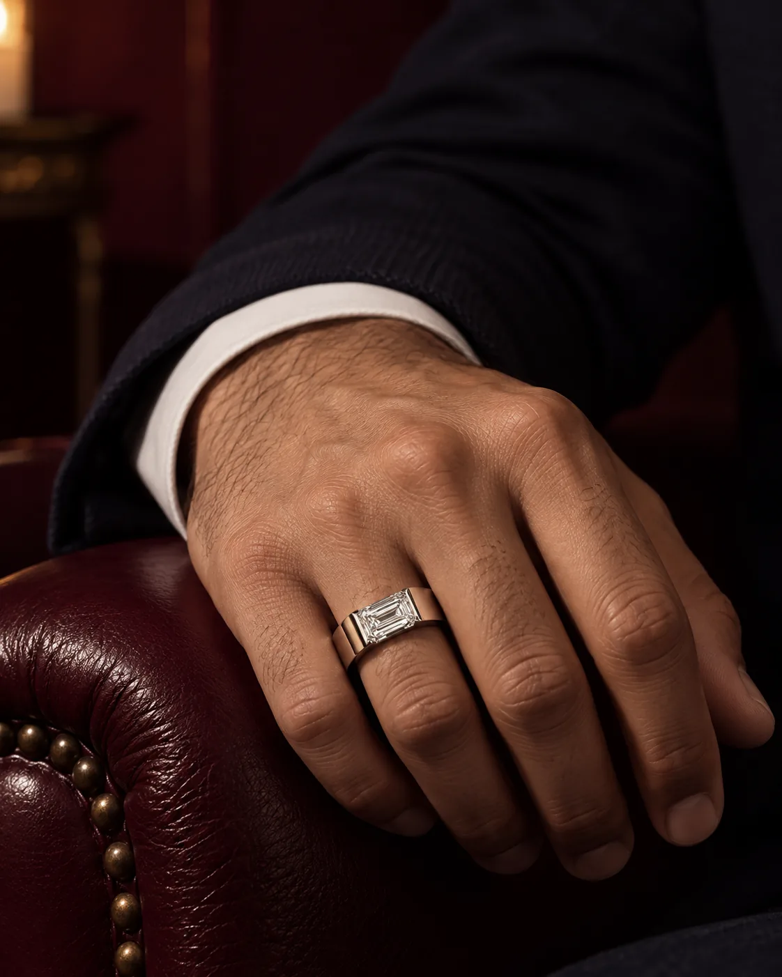 A man’s hand wearing a wide band set with an emerald-cut diamond
