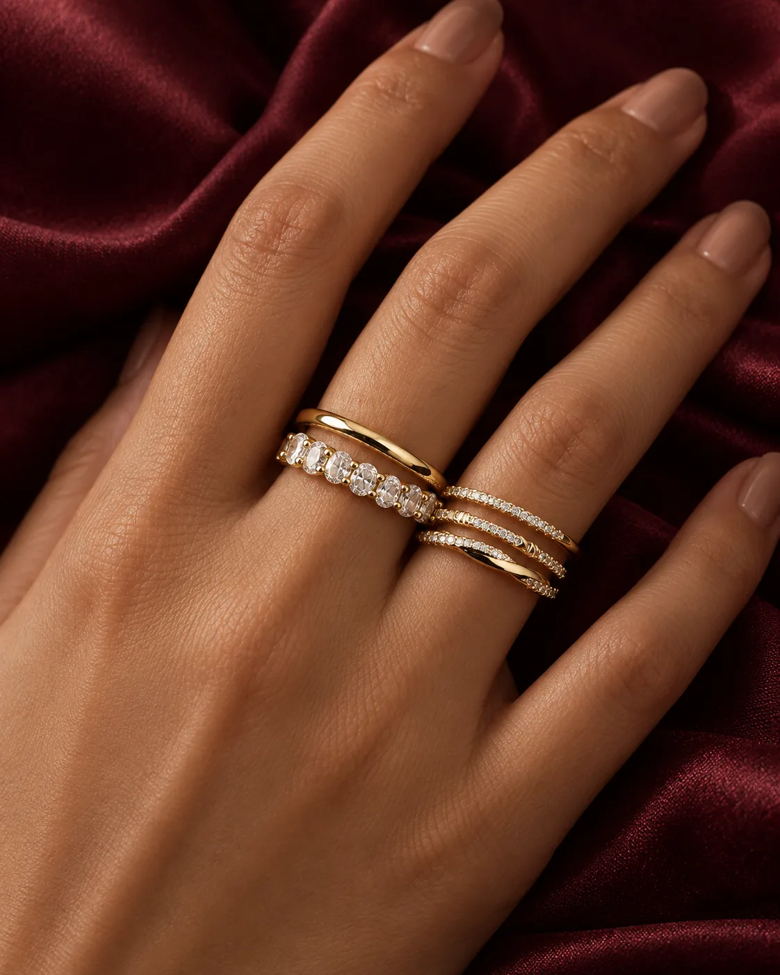 A hand wearing stacked gold and diamond bands