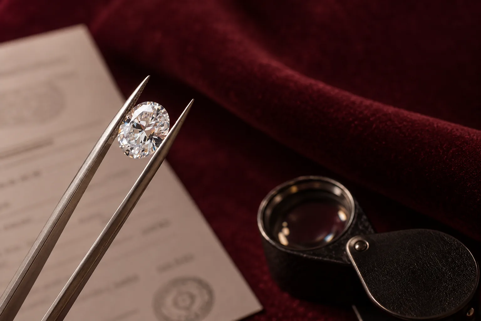 A loose oval diamond held in tweezers above its grading report, with a jeweller's loupe